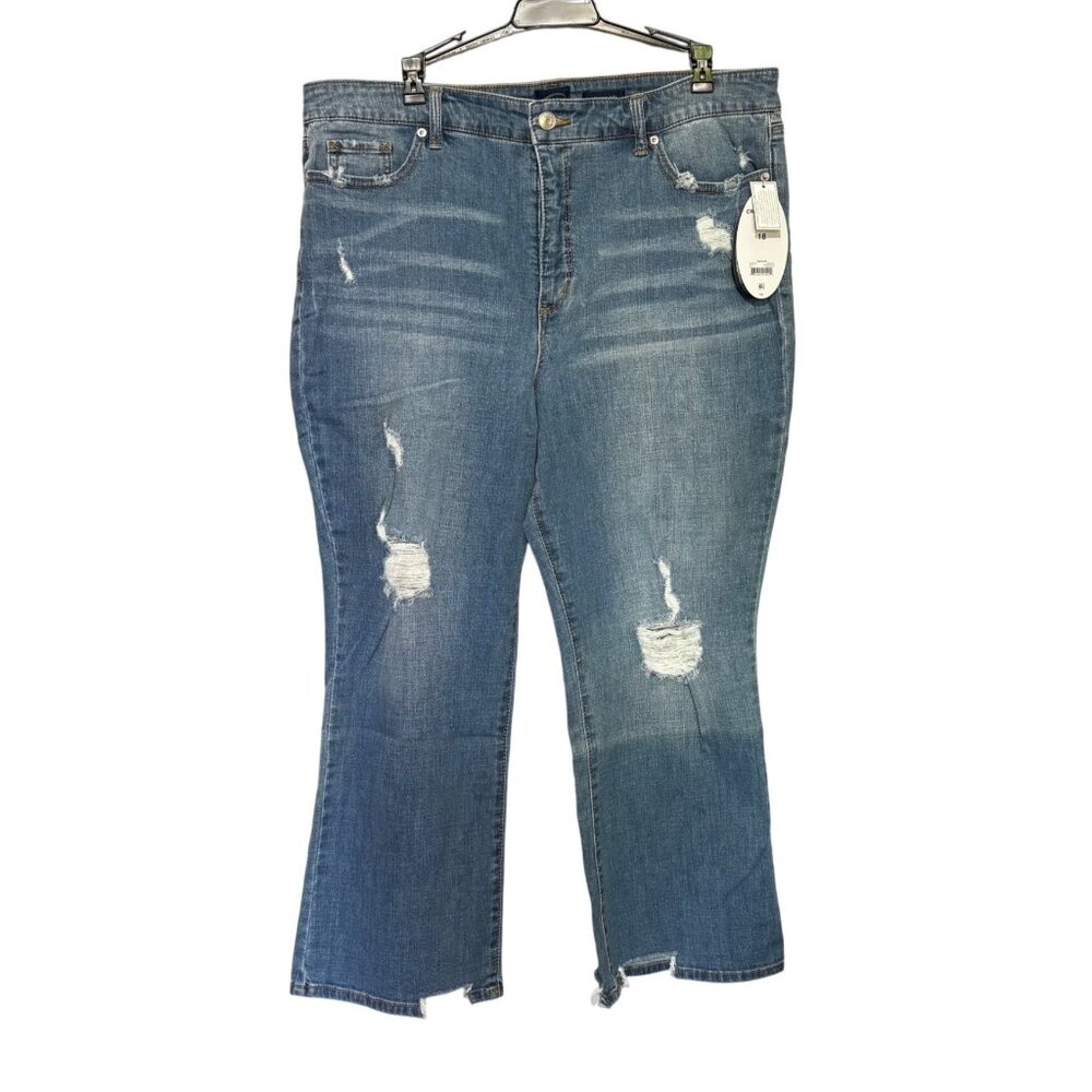 Scoop Women's 18 Crop‎ Flare Distressed Jeans Medium Wash Stretch Modern Grunge